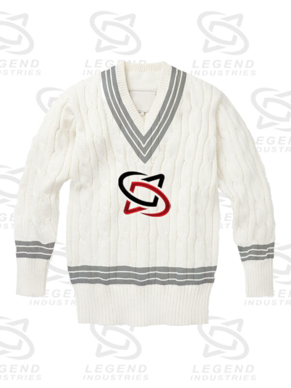 Classic white cricket sweater with cable knit design