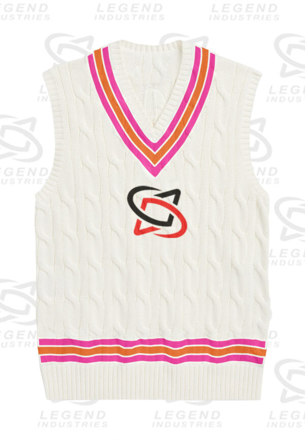 Classic white cricket sweater with cable knit design