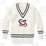 Classic white cricket sweater with cable knit design