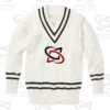Classic white cricket sweater with cable knit design