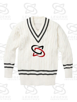 Classic white cricket sweater with cable knit design