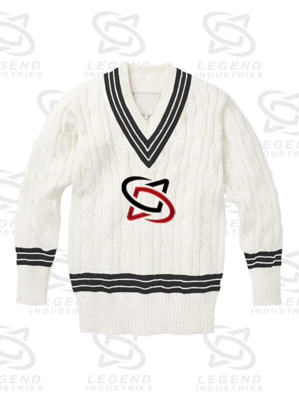 Classic white cricket sweater with cable knit design