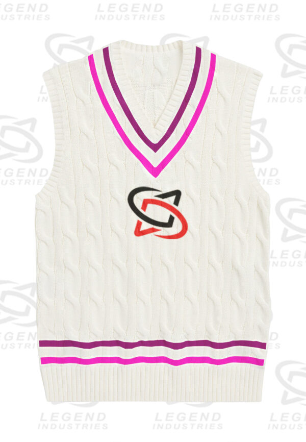 Classic white cricket sweater with cable knit design