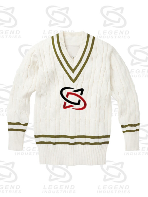 Classic white cricket sweater with cable knit design