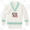 Classic white cricket sweater with cable knit design