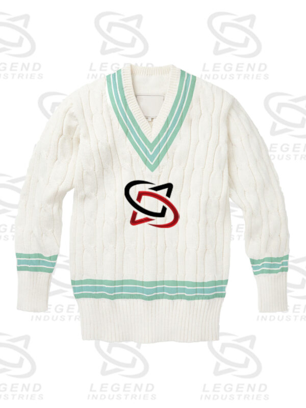 Classic white cricket sweater with cable knit design