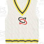 Classic white cricket sweater with cable knit design