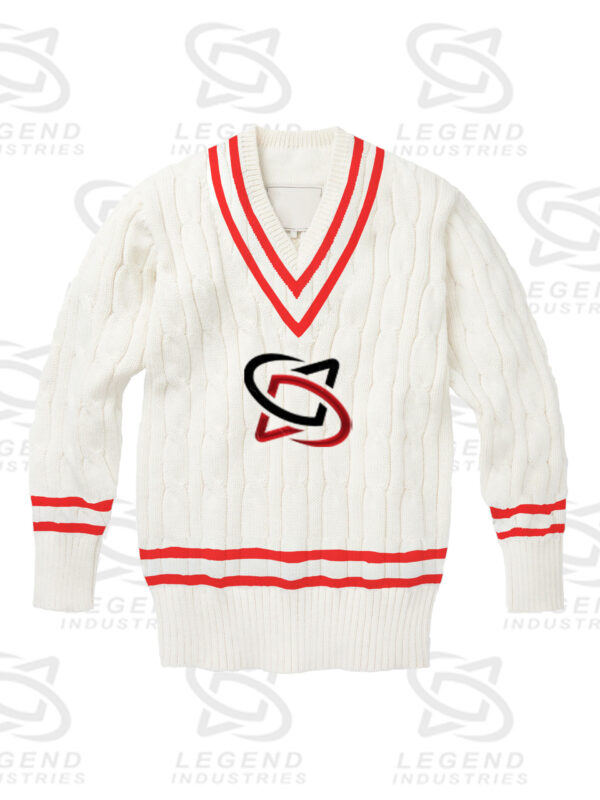 Classic white cricket sweater with cable knit design