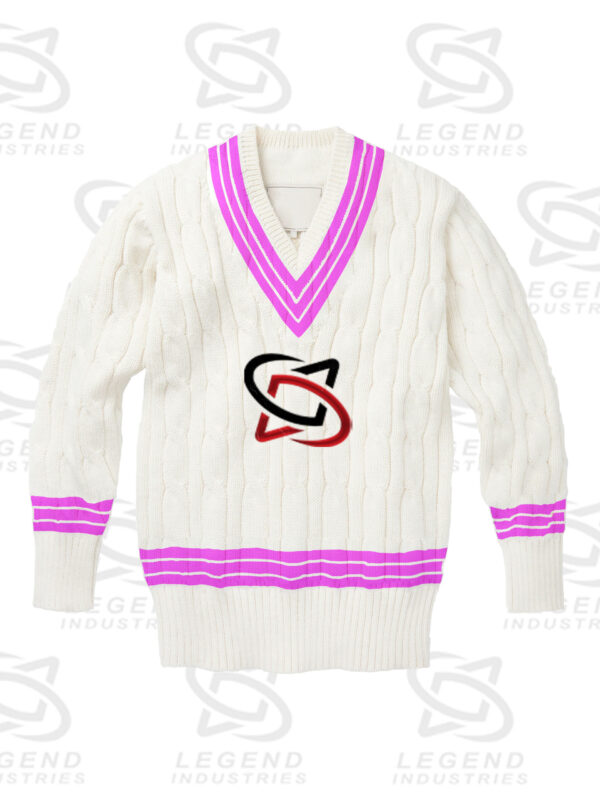 Classic white cricket sweater with cable knit design