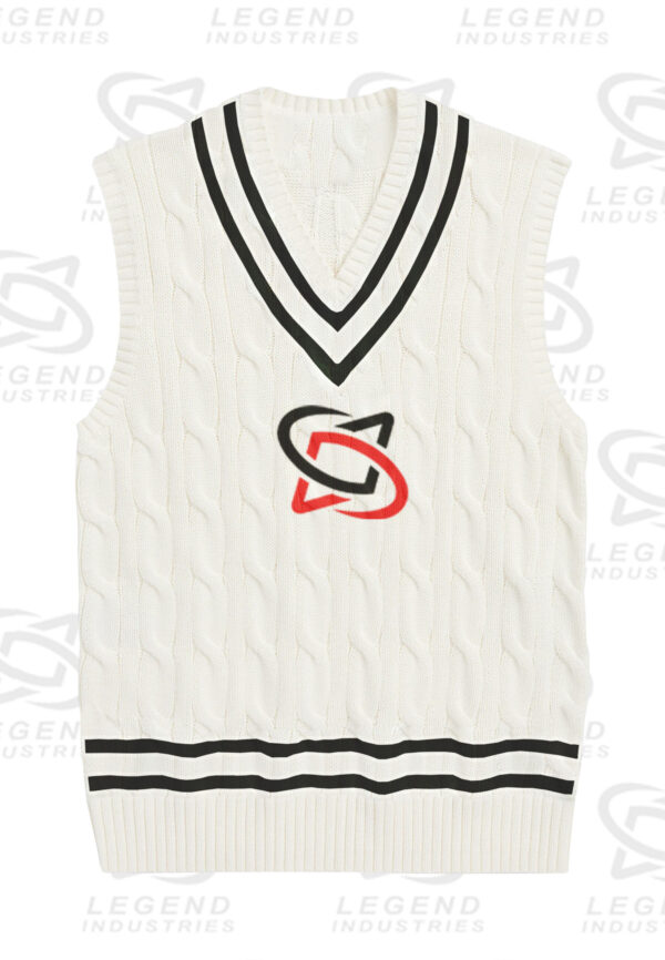 Classic white cricket sweater with cable knit design