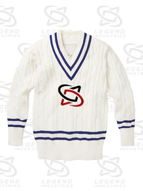 Classic white cricket sweater with cable knit design
