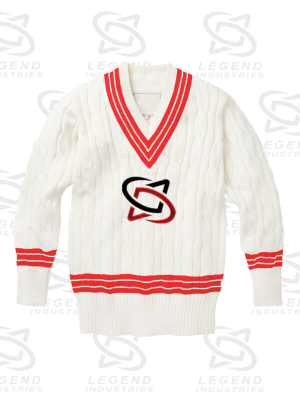 Classic white cricket sweater with cable knit design