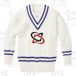 Classic white cricket sweater with cable knit design