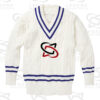 Classic white cricket sweater with cable knit design