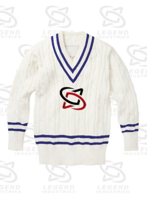 Classic white cricket sweater with cable knit design