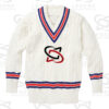 Classic white cricket sweater with cable knit design