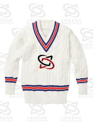 Classic white cricket sweater with cable knit design