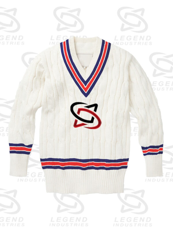 Classic white cricket sweater with cable knit design