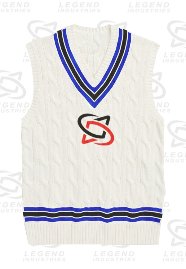 Classic white cricket sweater with cable knit design