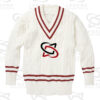 Classic white cricket sweater with cable knit design