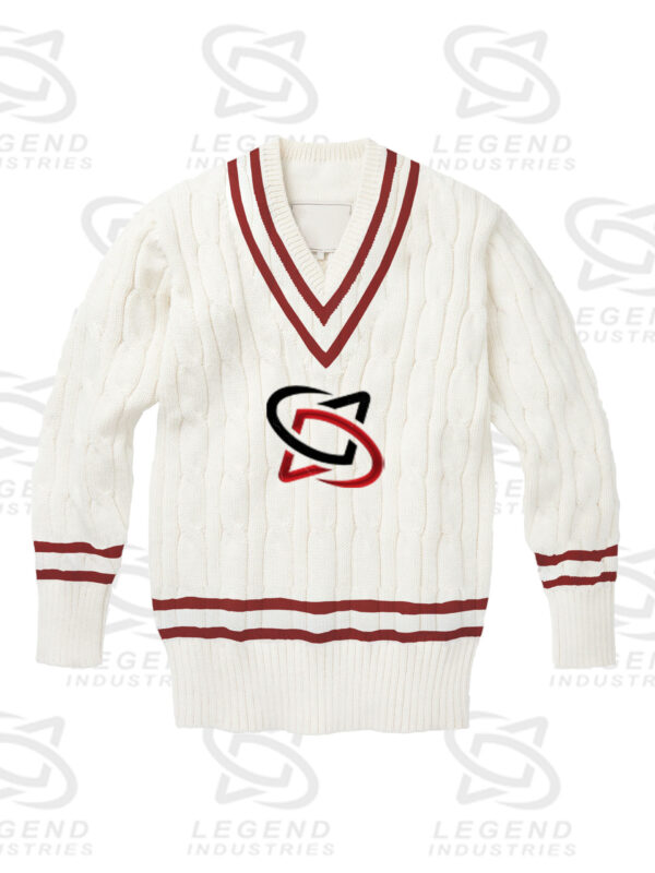 Classic white cricket sweater with cable knit design