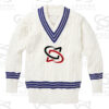 Classic white cricket sweater with cable knit design