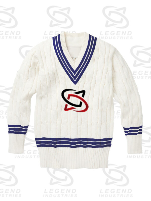 Classic white cricket sweater with cable knit design
