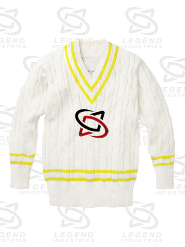Classic white cricket sweater with cable knit design