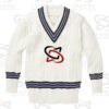 Classic white cricket sweater with cable knit design