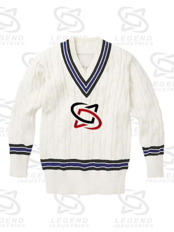 Classic white cricket sweater with cable knit design