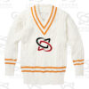 Classic white cricket sweater with cable knit design
