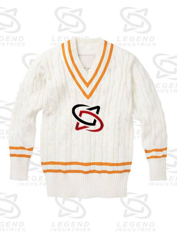 Classic white cricket sweater with cable knit design