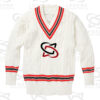 Classic white cricket sweater with cable knit design