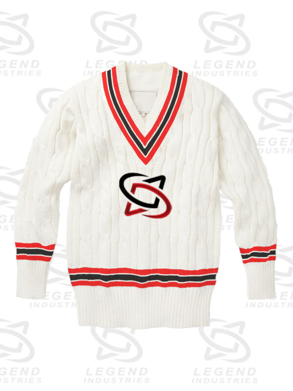 Classic white cricket sweater with cable knit design