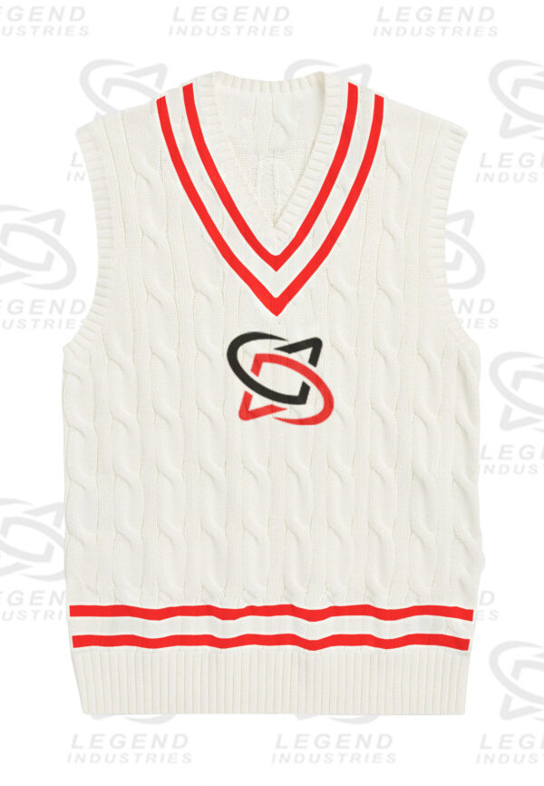 Classic white cricket sweater with cable knit design