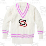Classic white cricket sweater with cable knit design