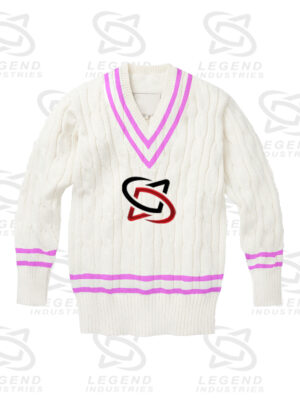 Classic white cricket sweater with cable knit design