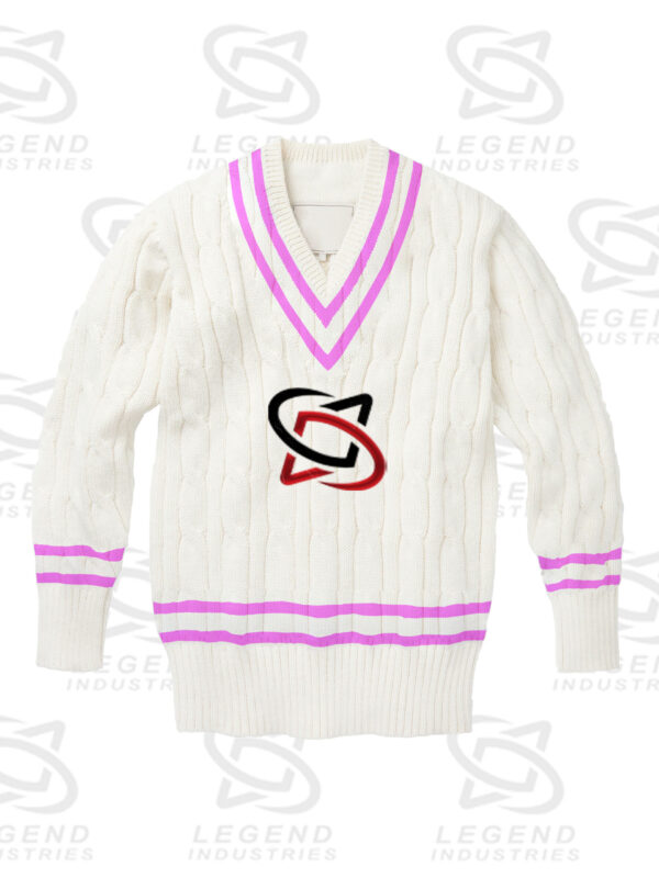 Classic white cricket sweater with cable knit design