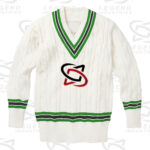 Classic white cricket sweater with cable knit design