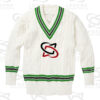 Classic white cricket sweater with cable knit design