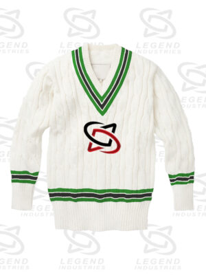 Classic white cricket sweater with cable knit design