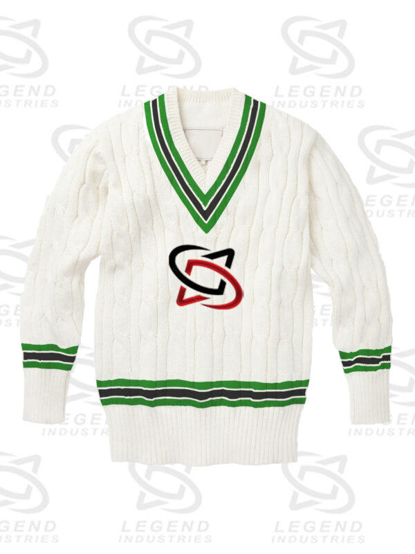 Classic white cricket sweater with cable knit design